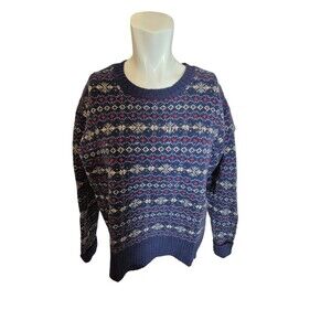 Newton Trading Co. VTG Wool Sweater Shetland Fair Isle Sweater Navy Blue Sz M/L